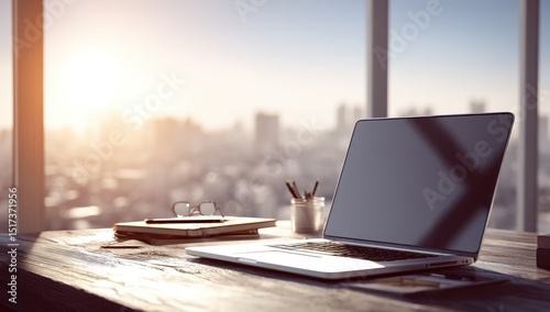 Laptop on a wooden desk with city view