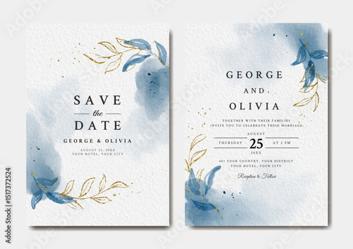 Watercolor wedding invitation template with blue and gold leaves