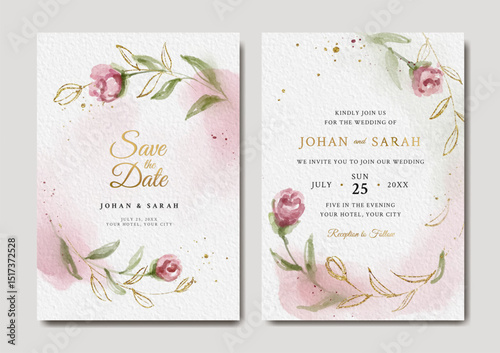 Watercolor wedding invitation template with pink rose and gold leaves