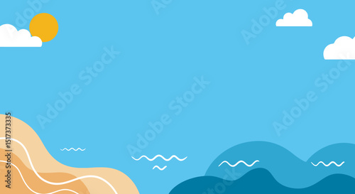 Minimalist Beach Scene with Sun, Clouds, and Waves