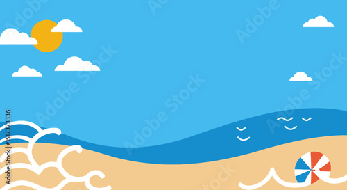 Flat Design Beach Scene with Sun, Sea, and Umbrella