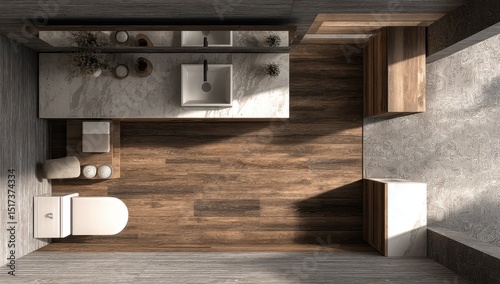 Overhead view of a small, modern bathroom