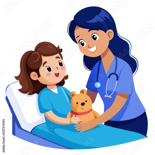 Friendly Nurse Caring for Smiling Girl Patient in Hospital Bed Holding Teddy Bear – Vector Illustration
