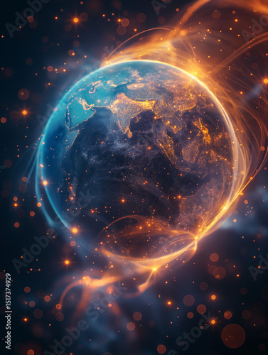 Glowing Earth energy aura. Planet surrounded by orange and blue light swirls. Perfect for climate, space tech, or global network themes.