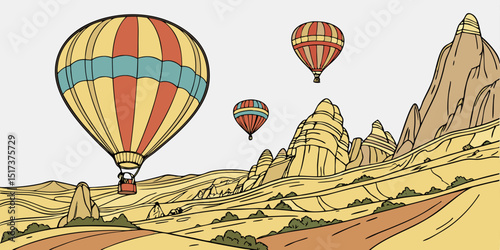 Vibrant Illustration of Hot Air Balloons Over Cappadocia's Rocky Landscapes for Travel and Adventure Themes