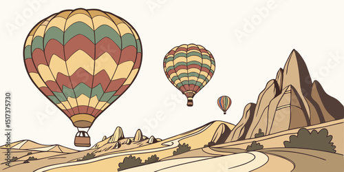 Vibrant Illustration of Hot Air Balloons Over Cappadocia's Rocky Landscapes for Travel and Adventure Themes