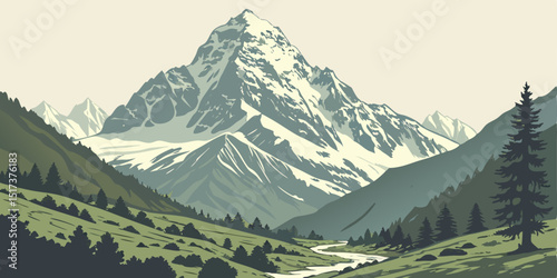 Mount Everest Vector Illustration – Highest Mountain Peak in the World, Nepal National Park Art