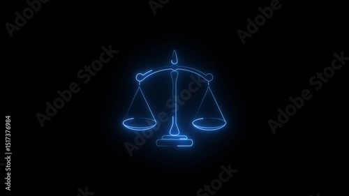 Glowing neon Scales of justice icon isolated on brick wall background. Court of law symbol. Balance scale sign.