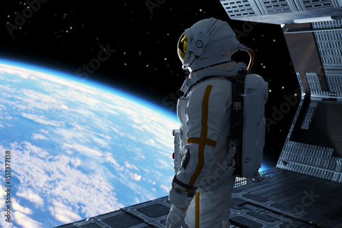 Astronaut   looking at the planet from a space station