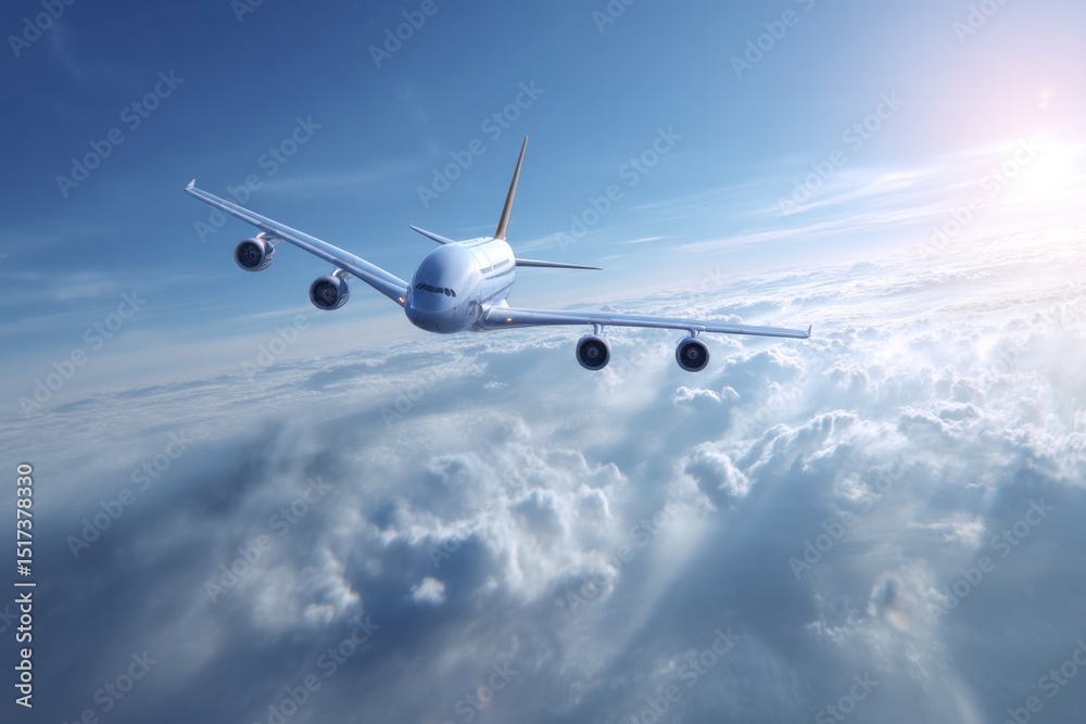 Obraz premium An Airplane Flying in the Sky with Clouds in a Sunny Day