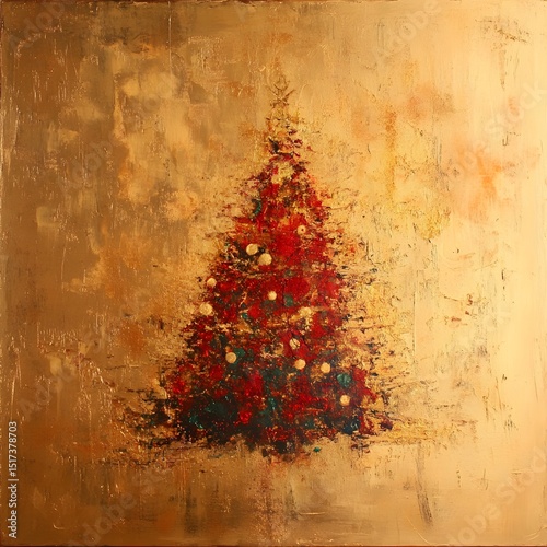 A festive christmas tree, painted in rich colors on a golden background.