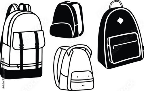 Black and white backpack silhouette vector set.