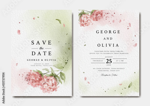 Watercolor wedding invitation template with pink floral