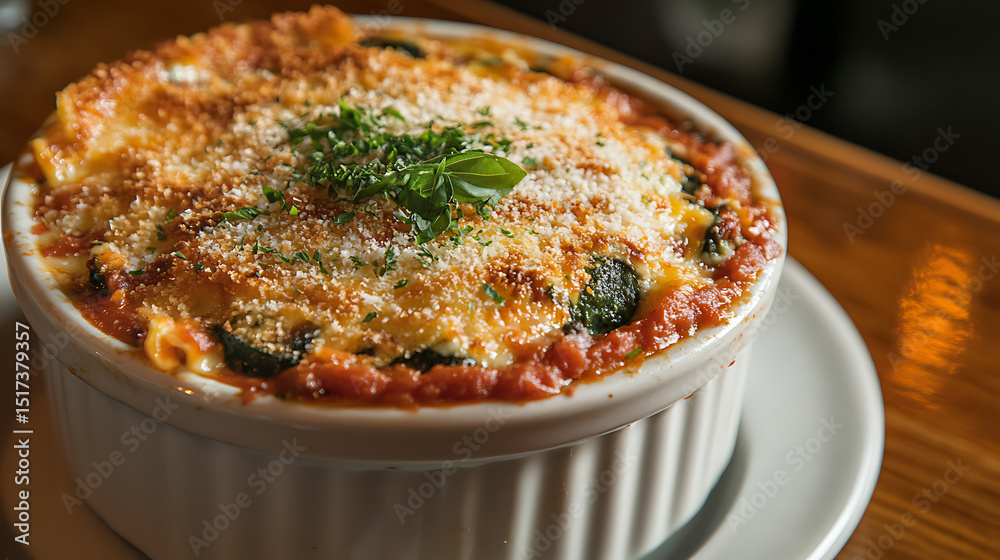 Baked Lasagna in a Ceramic Dish Topped with Fresh Herbs and Grated Cheese Baked Lasagna in a Ceramic Dish Topped with Fresh Herbs and Grated Cheese