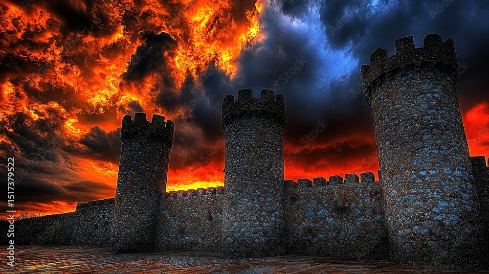 Fototapeta premium Dramatic Stone Castle Under a Fiery Sky