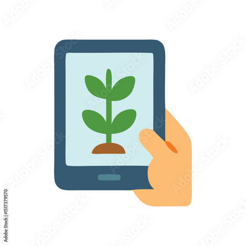 Digital farming application showing a plant on a tablet held by a hand