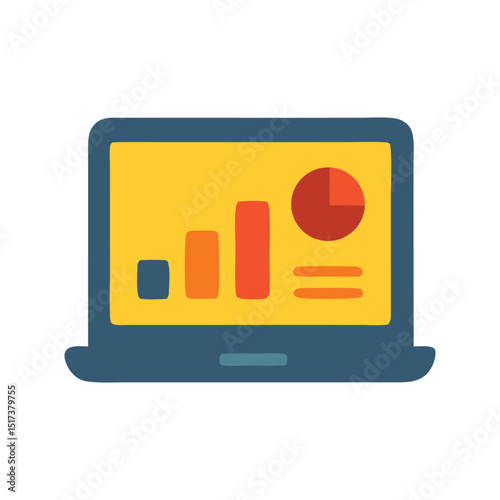 Illustration of a colorful laptop displaying a bar graph and pie chart, ideal for representing data visualization, business analytics, and technology concepts. Useful for presentations.