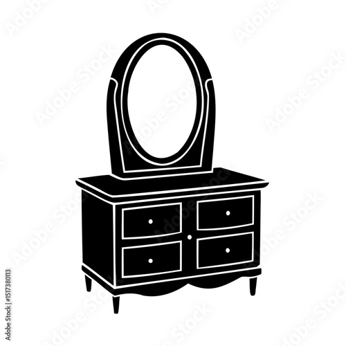 Elegant black and white dresser with oval mirror and drawer outlines for design usage