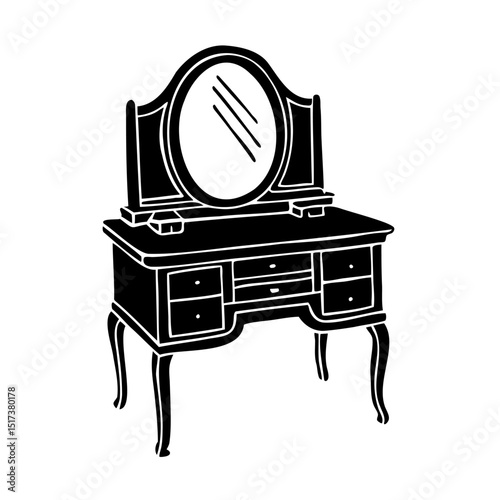 Elegant hand drawn black and white dressing table with oval mirror and drawers