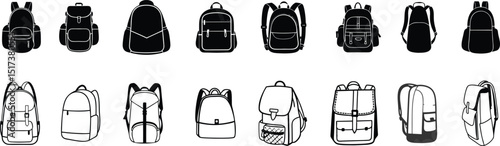 Black and white backpack silhouette vector set.