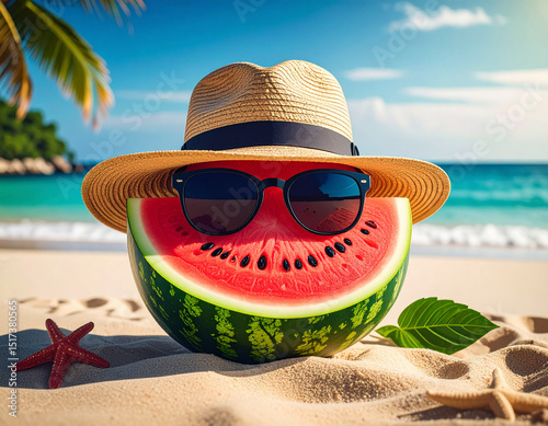 Watermelon with Sunglasses and Straw Hat on Beach