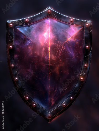 Galactic energy shield radiating cosmic power. Sci-fi fantasy protection design with nebula texture. Ideal for video games, concept art, or futuristic defense visuals.