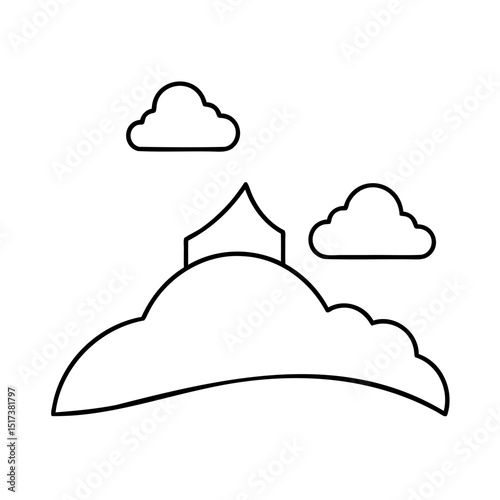 Simple outline drawing of a hilltop building with clouds in a minimalist design