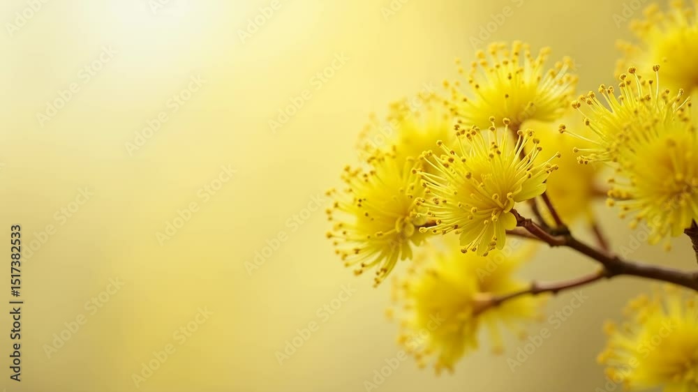 Springtime macro of a mimosa flower with a yellow hue isolated pastel background Copy space 