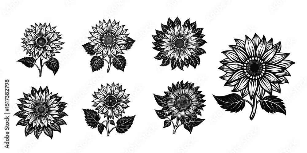 Obraz premium sunflower, hand drawn sunflowers, black and white sunflower sketch, detailed sunflower illustrations, botanical sunflower drawings, monochrome sunflower silhouettes, sketched sunflower elements, sunfl