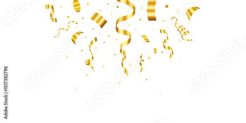 Realistic falling gold confetti decoration isolated png. Confetti and ribbon streamers on a transparent background, celebration design. Bright festive tinsel of gold color.