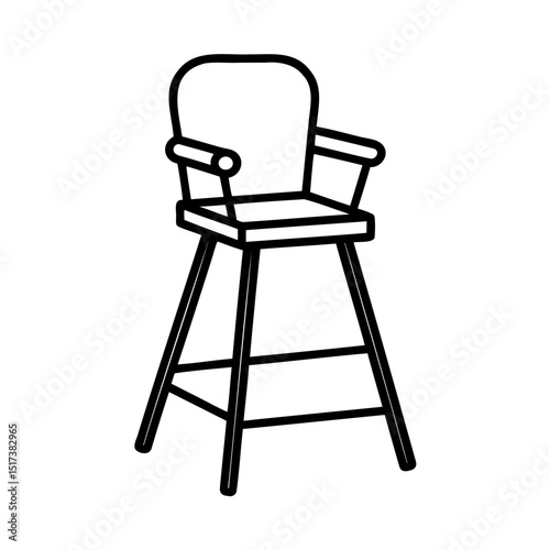 Black and white line drawing of a classic high chair suitable for babies or toddlers.
