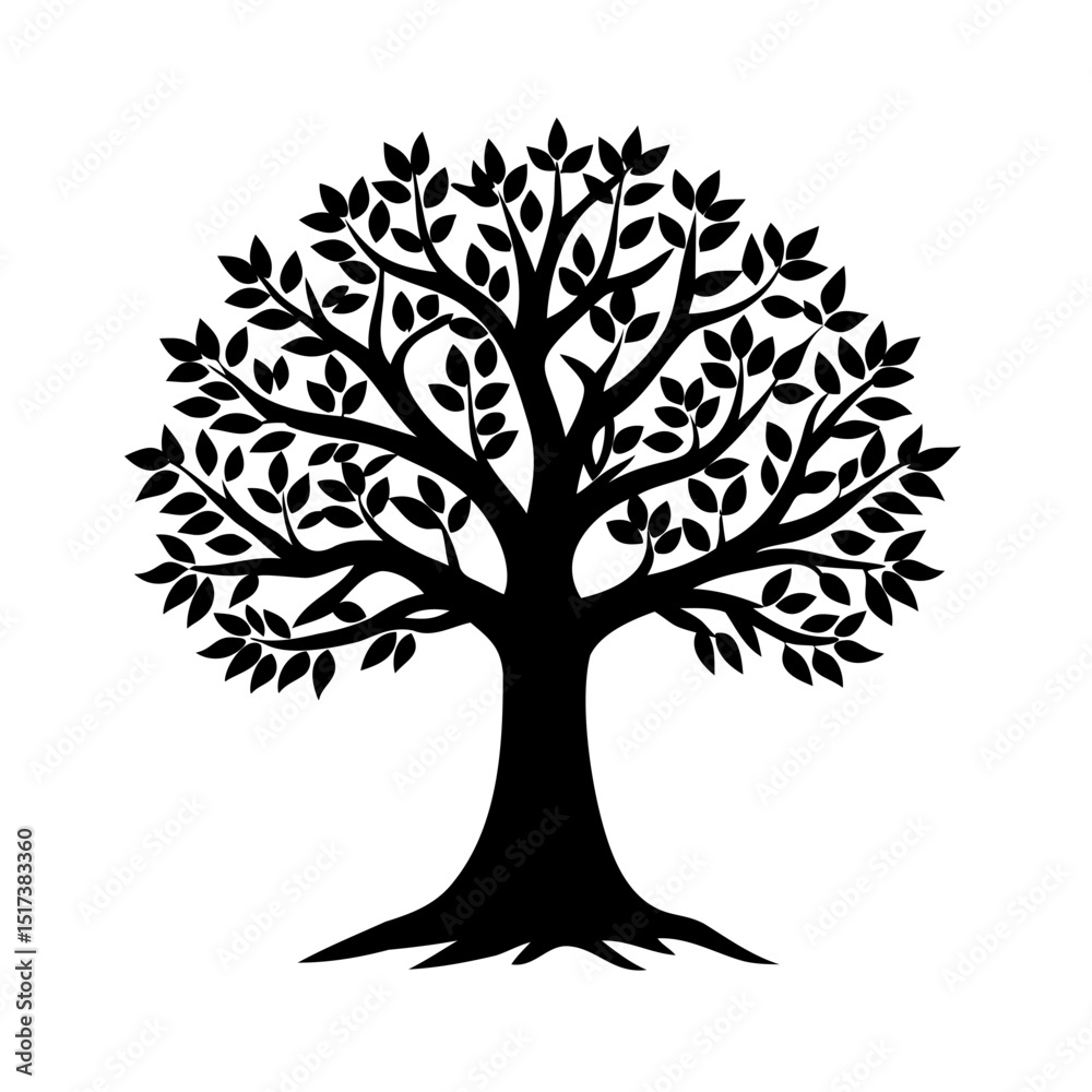 Obraz premium Silhouette of a mature tree with lush leaves on a white background for design