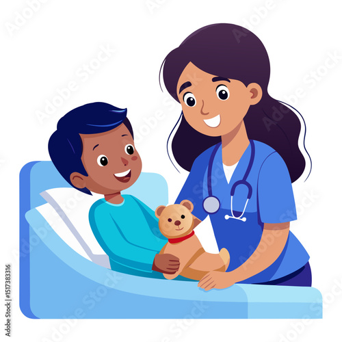 Female Nurse Smiling with Boy Patient Holding Teddy Bear in Hospital Bed