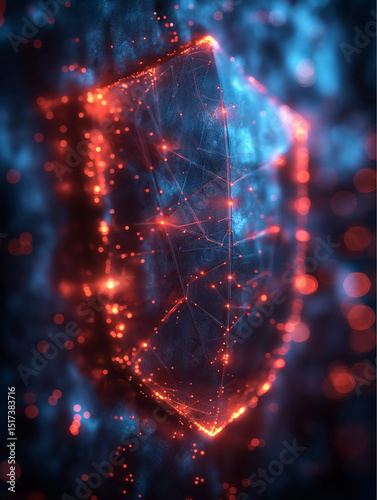 Futuristic digital shield with glowing connections. Cyber defense symbol in red-blue neon particles. Perfect for cybersecurity, tech, or blockchain themes.