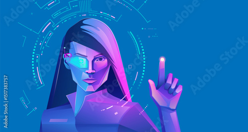 concept of VR; virtual reality technology or augmented reality gaming, graphic of futuristic girl with vr glasses using interface