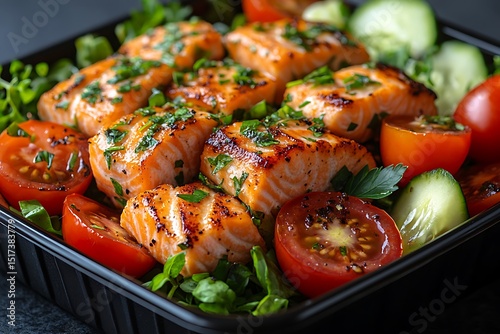 Grilled salmon fillet mockup with fresh greens and herbs in black container

 photo