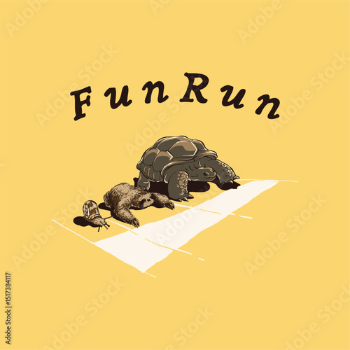 Smart creative but funny concept illustration of running race between turtle, sloth, and snail. Competitive or fun running event community like marathon and leisurely strolling