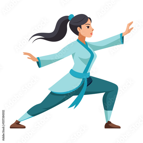 Vector Illustration of a Woman Practicing Tai Chi in Traditional Uniform, Side View, Dynamic Martial Arts Pose on Transparent Background