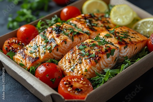 Grilled salmon fillet mockup with herbs roasted tomatoes lemon slices

 photo