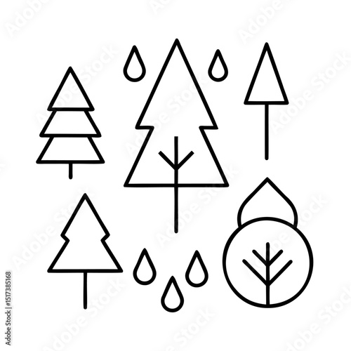 Minimalist black and white line art illustration of trees and raindrops design elements