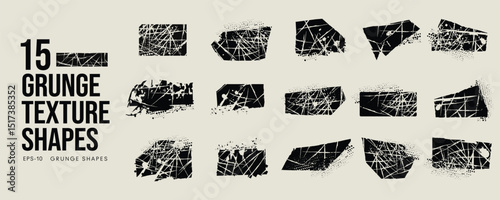 Grunge Graffiti Halftone Texture Elements Set Abstract Geometric Shapes. Ink Spray Horror Borders. Glitch Distortion.  Noise Overlay And Distressed Vector Effects