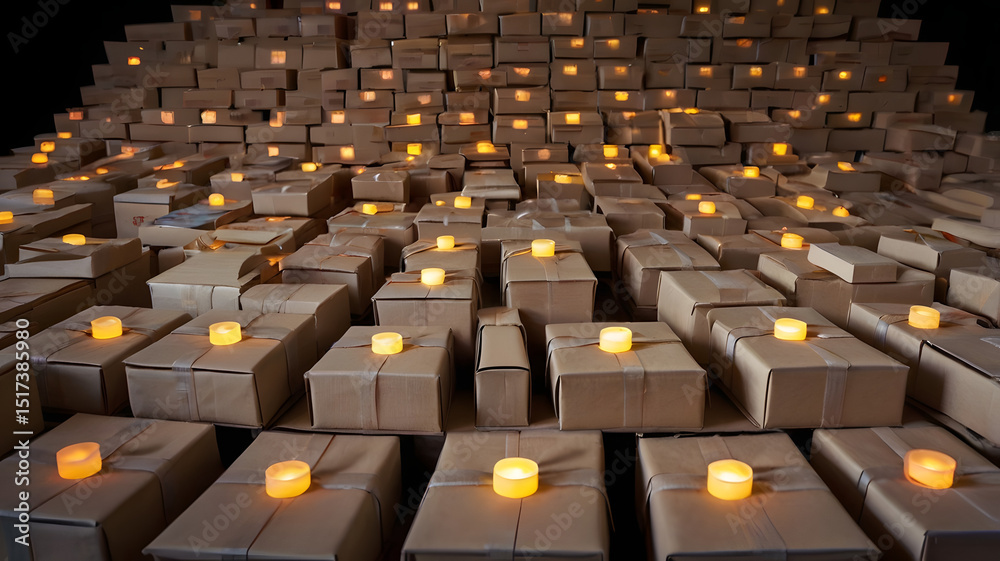 Fototapeta premium Candlelit Boxes: An intriguing composition of numerous cardboard boxes, each topped with a flickering candle, creates a warm, inviting glow in the dimly lit space.