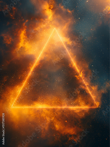 Burning triangle suspended in cosmic flames. Fiery geometric shape surrounded by glowing nebula. Ideal for sci-fi covers, digital art, or mystical concepts.