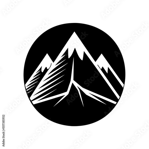 Minimalist black and white mountain range logo design in a circular frame for outdoor themes