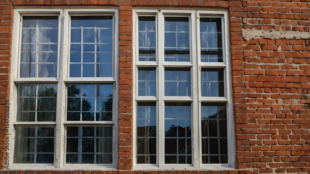Fototapeta premium Architectural Beauty: A close-up captures the allure of a historic building with intricate windows, standing out against a backdrop of rustic brick.
