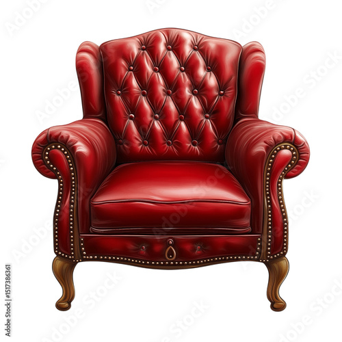 Red leather armchair isolated on a transparent background, in a PNG file format