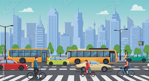 Cityscape Illustration Urban Street Scene with Buses, Cars, and Cyclists Crossing