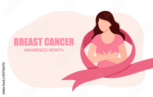 Breast cancer awareness month poster vector illustration. Woman self check breast cancer and awareness pink ribbon.