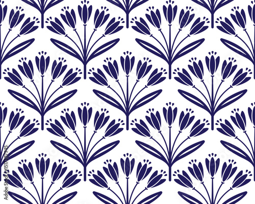 Vector seamless pattern with leaves, Textile, Fabric, Wrapping paper, background, navy blue, tulip