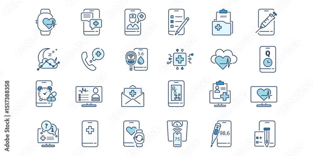 Health icon collection with digital tools for patient support. Medical interface elements doctor chat, telemedicine, monitoring app features. Line symbols for care system. Vector illustration. Health icon collection with digital tools for patient support. Medical interface elements doctor chat, telemedicine, monitoring app features. Line symbols for care system. Vector illustration.